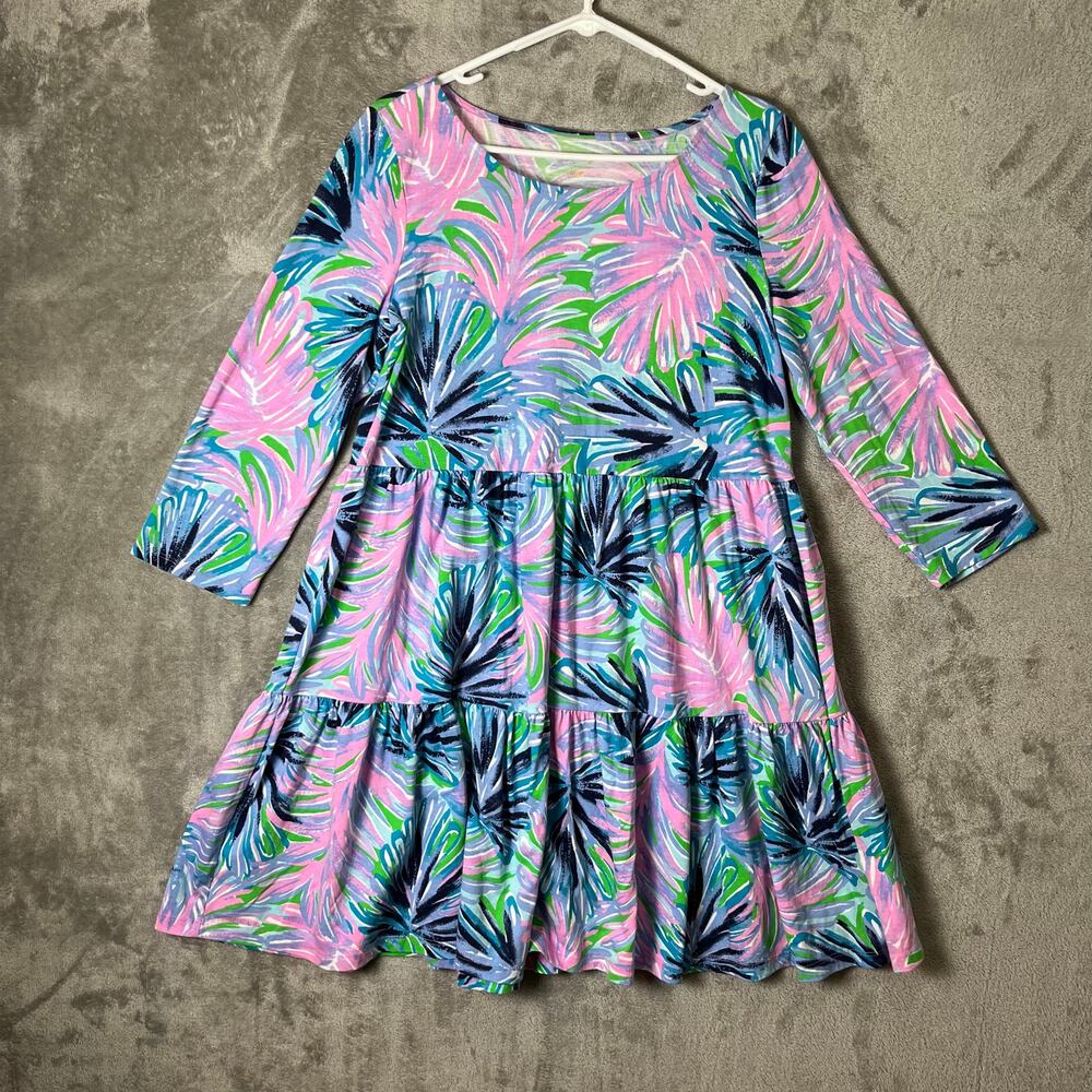 Lilly Pulitzer 3/4 Sleeve Beach Bash Geanna Dress Swing Flounced Hem LG Coastal